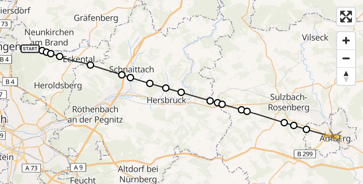 Flugroute Rettungshubschrauber Uttenreuth - Amberg, 08 Mai 2026, 16:02