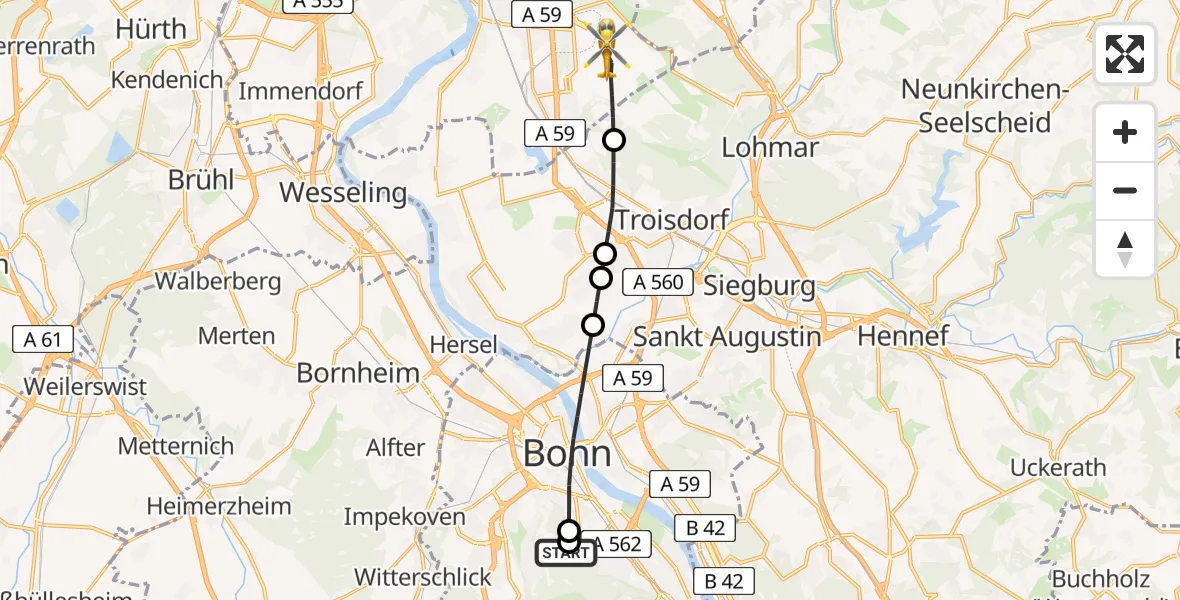 Flugroute Ambulanzhubschrauber Bonn University Hospital - Köln Bonn Flughafen, 08 Mai 2026, 16:10