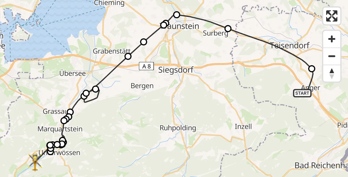 Flugroute Rettungshubschrauber Anger - Unterwössen, 08 Mai 2026, 16:13