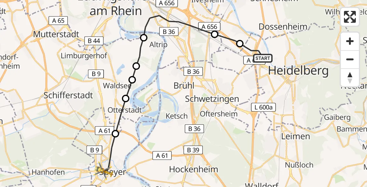 Flugroute Rettungshubschrauber Heidelberg - Speyer, 08 Mai 2026, 16:13