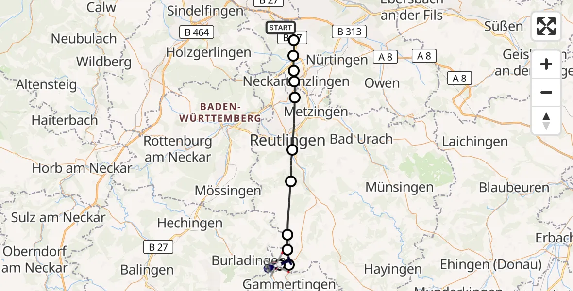 Flugroute Polizeihubschrauber Flughafen Stuttgart - Trochtelfingen, 08 Mai 2026, 16:13