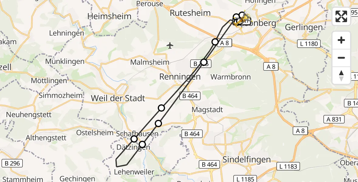 Flugroute Rettungshubschrauber Leonberg Hospital - Leonberg Hospital, 08 Mai 2026, 16:14