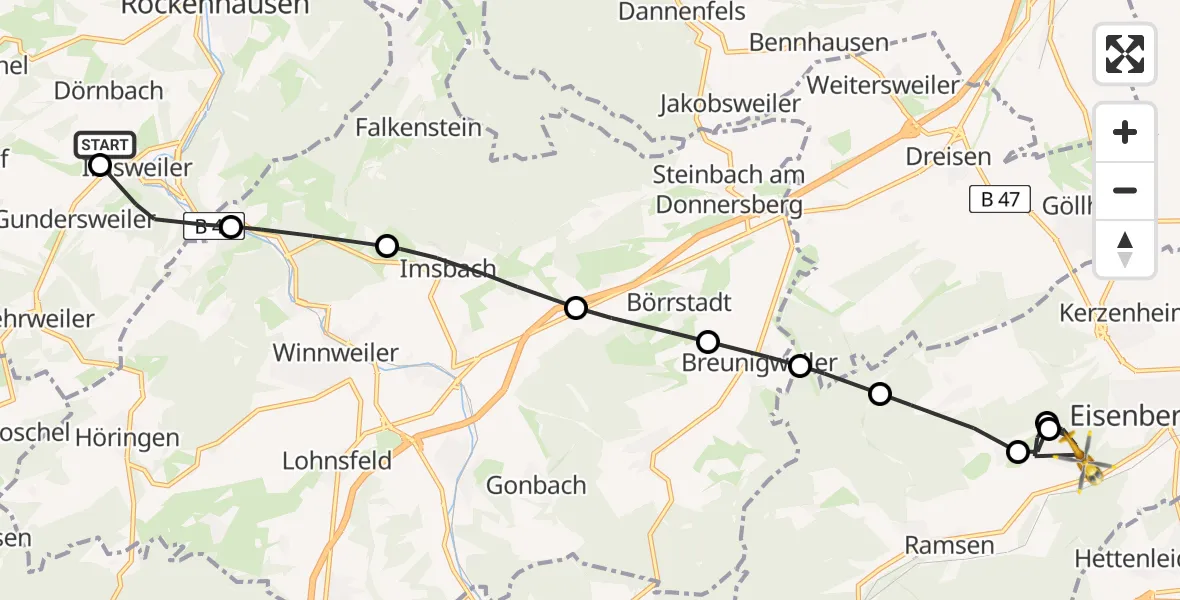 Flugroute Rettungshubschrauber Imsweiler UL - Eisenberg (Pfalz), 08 Mai 2026, 16:20