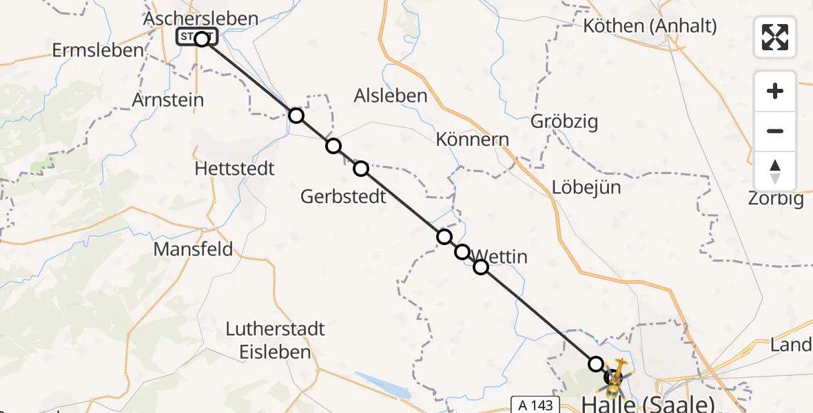 Flugroute Rettungshubschrauber AMEOS Hospital Aschersleben - Halle (Saale) University Hospital, 08 Mai 2026, 16:28