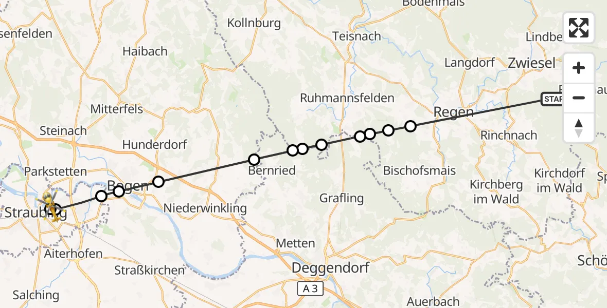 Flugroute Rettungshubschrauber Frauenau - Sankt Elisabeth Hospital Straubing, 08 Mai 2026, 16:29