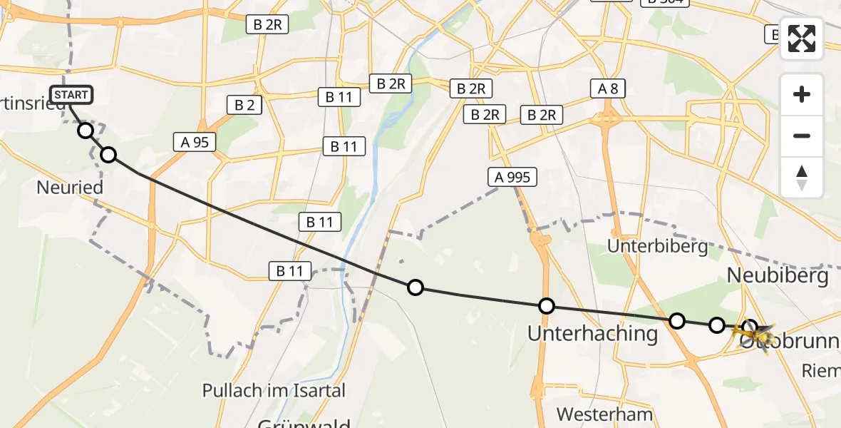Flugroute Rettungshubschrauber DRF Air Rescue München Hubschrauberlandeplatz - Ottobrunn, 08 Mai 2026, 16:32