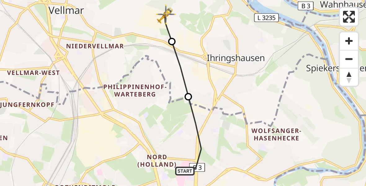 Flugroute Rettungshubschrauber Kassel - Fuldatal Bundespolizei Hubschrauberlandeplatz, 08 Mai 2026, 16:32