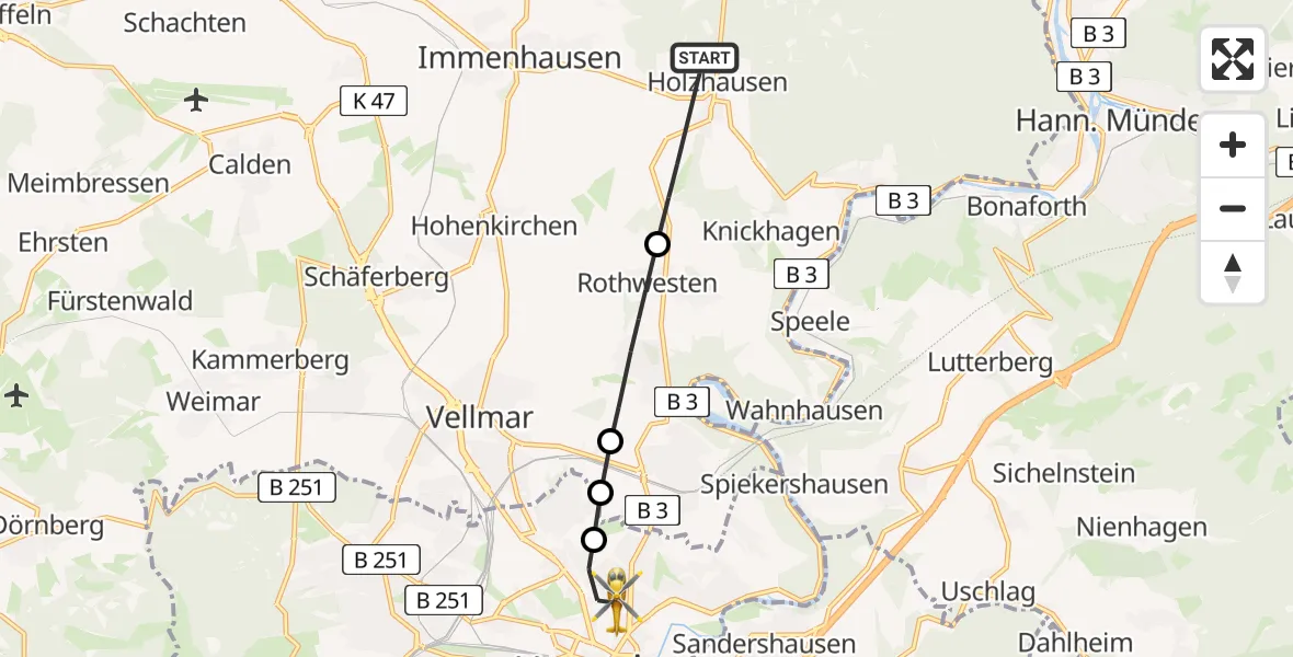 Flugroute Rettungshubschrauber Immenhausen - Kassel, 08 Mai 2026, 16:39