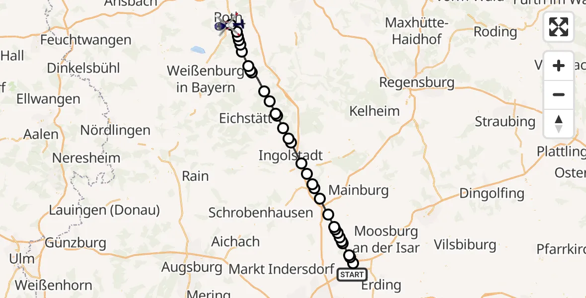 Flugroute Polizeihubschrauber München Flughafen - Flugplatz Roth, 08 Mai 2026, 16:40