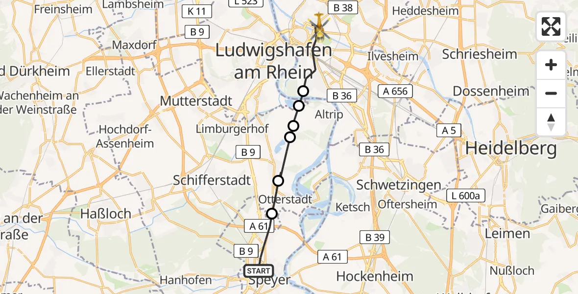 Flugroute Rettungshubschrauber Speyer - Mannheim, 08 Mai 2026, 16:44