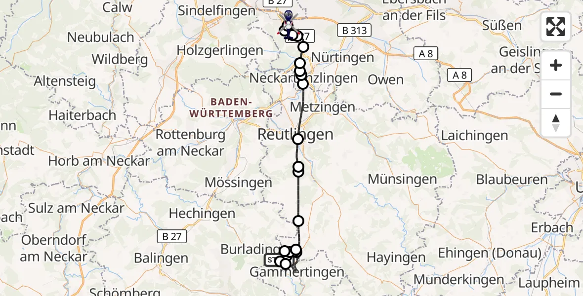 Flugroute Polizeihubschrauber Burladingen - Flughafen Stuttgart, 08 Mai 2026, 16:51