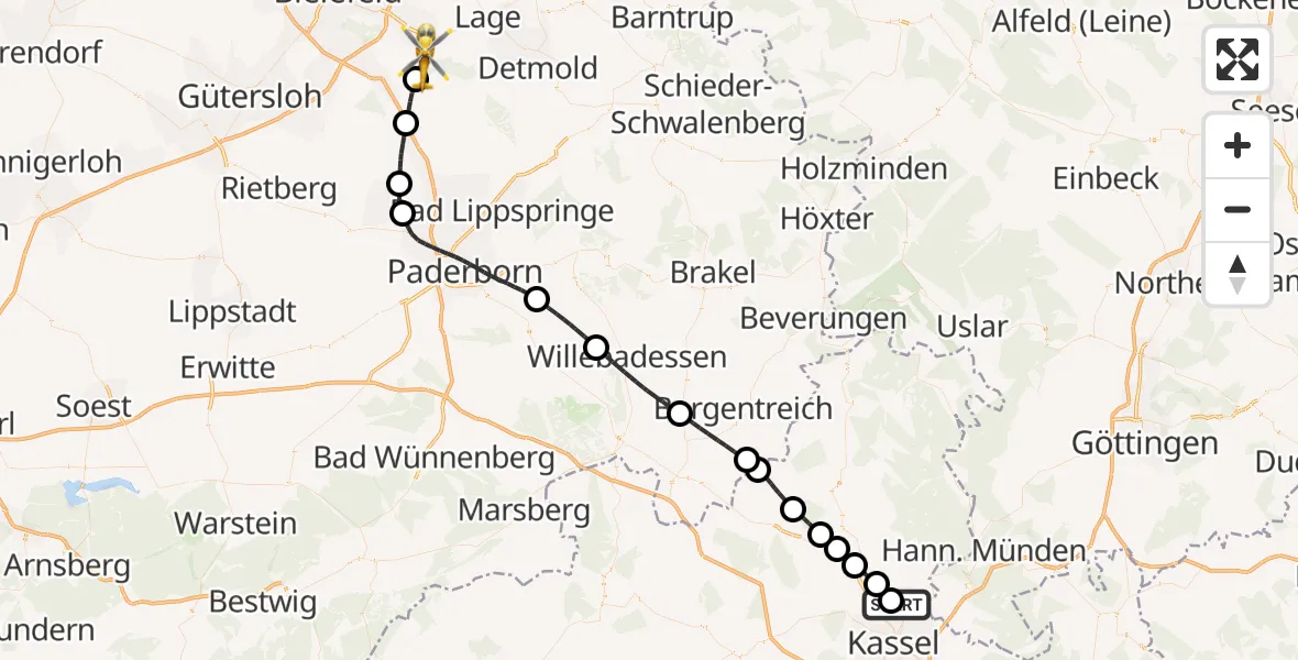 Flugroute Rettungshubschrauber Fuldatal Bundespolizei Hubschrauberlandeplatz - Oerlinghausen, 08 Mai 2026, 16:53