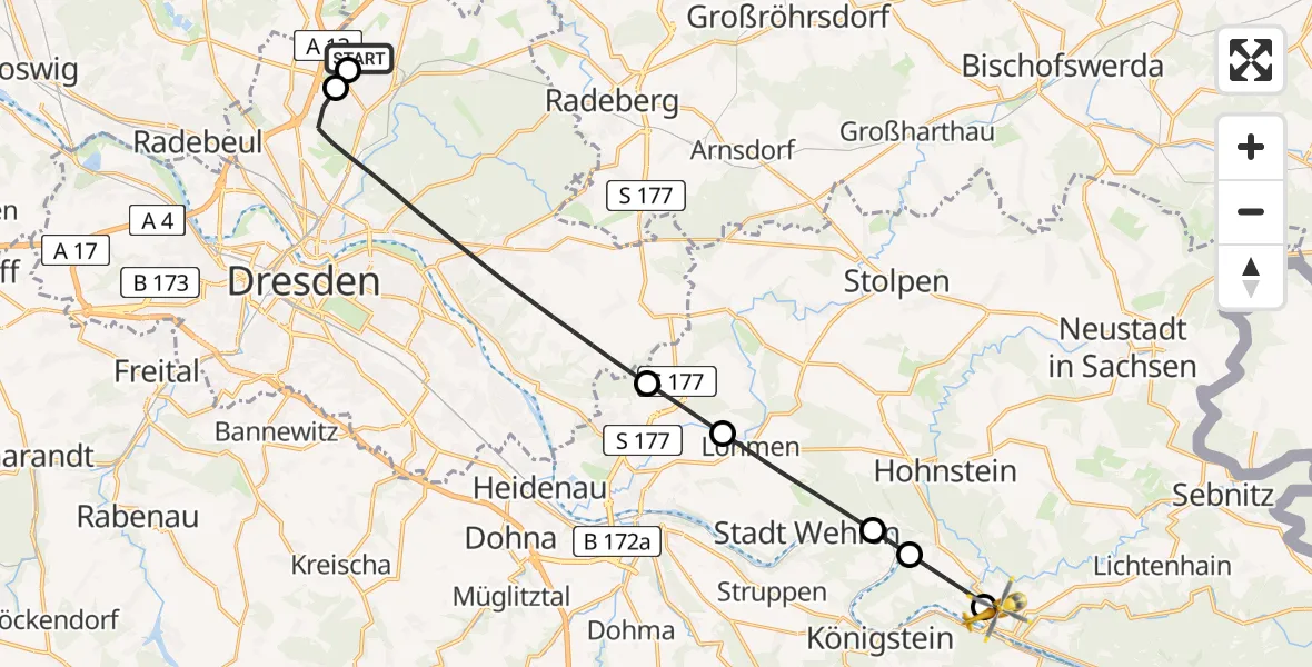 Flugroute Rettungshubschrauber Dresden Bundespolizei Hubschrauberlandeplatz - Rathmannsdorf, 08 Mai 2026, 16:53