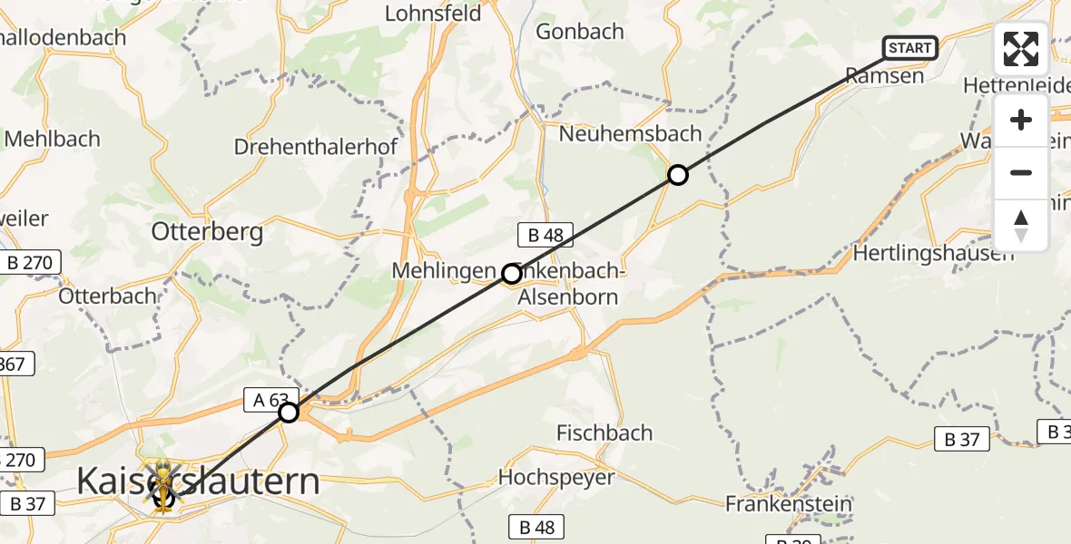 Flugroute Rettungshubschrauber Ramsen - Westpfalz Hospital Kaiserslautern, 08 Mai 2026, 16:57