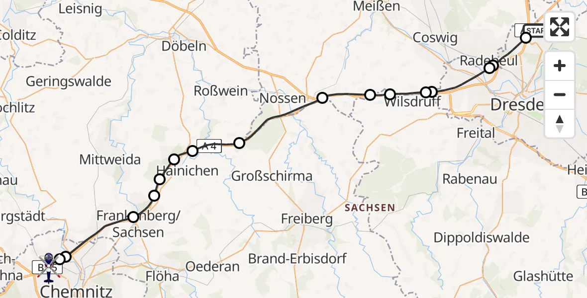 Flugroute Polizeihubschrauber Dresden Flughafen - Chemnitz, 08 Mai 2026, 17:01