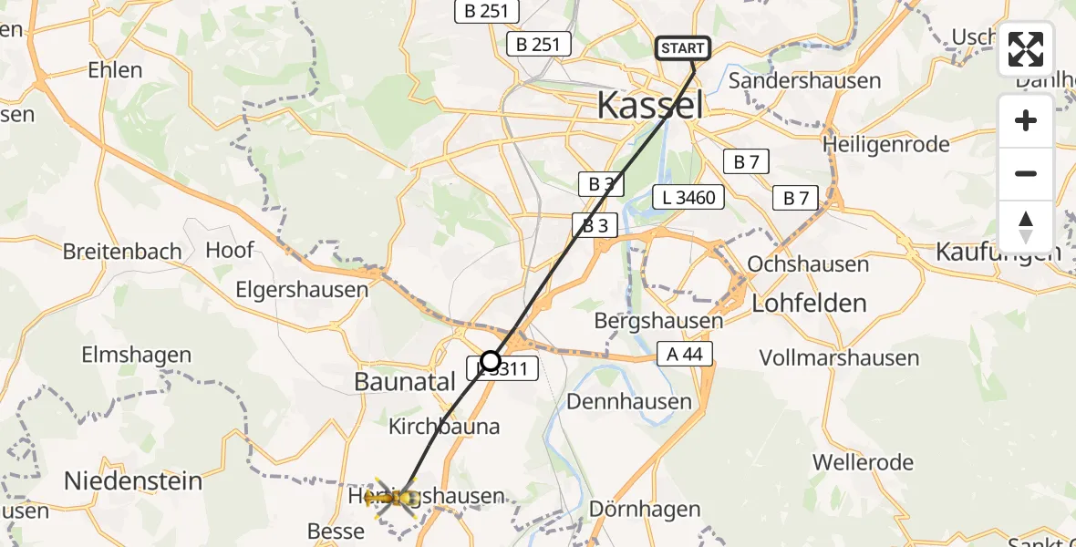 Flugroute Rettungshubschrauber Kassel - Baunatal, 08 Mai 2026, 17:03