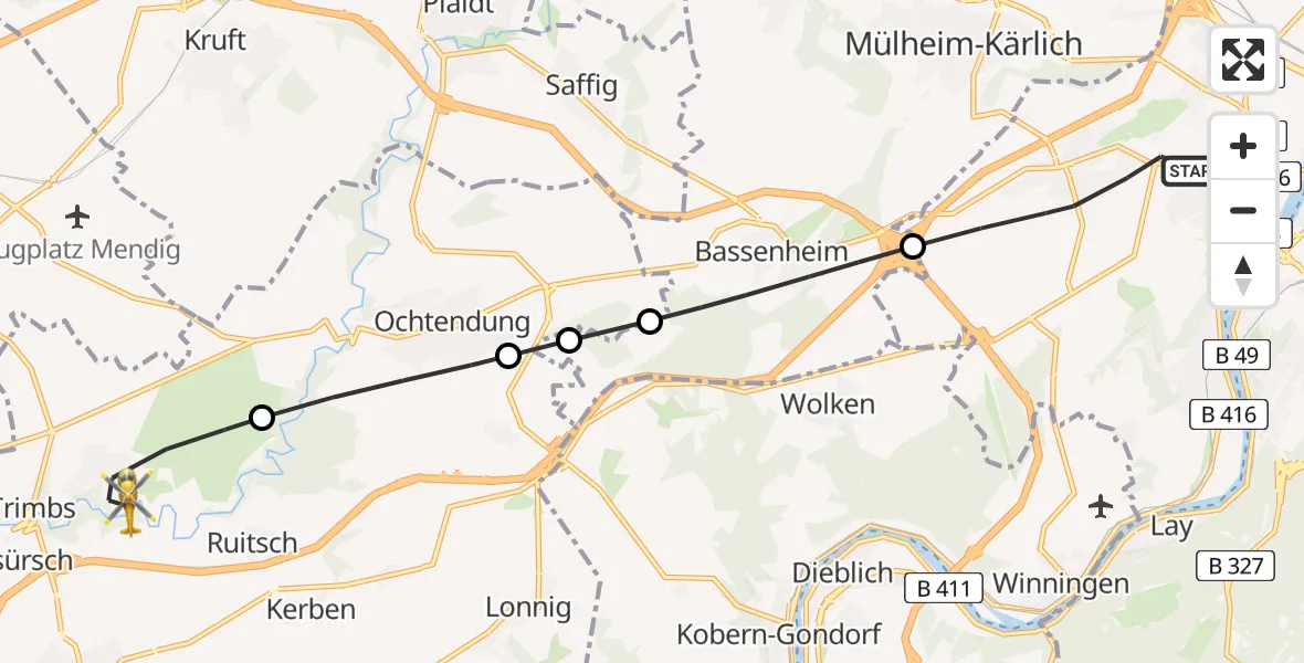 Flugroute Rettungshubschrauber Koblenz - Welling, 08 Mai 2026, 17:04