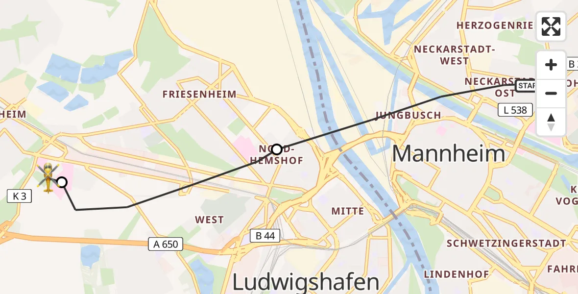 Flugroute Rettungshubschrauber Mannheim - Ludwigshafen Accident Hospital Hubschrauberlandeplatz, 08 Mai 2026, 17:12