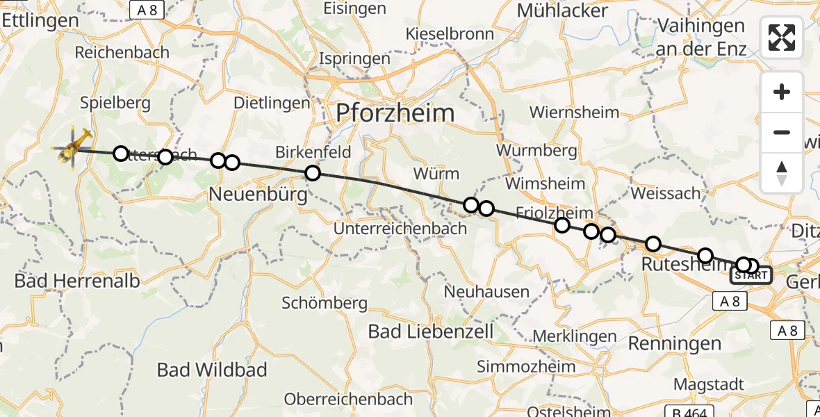 Flugroute Rettungshubschrauber Leonberg Hospital - Marxzell, 08 Mai 2026, 17:12