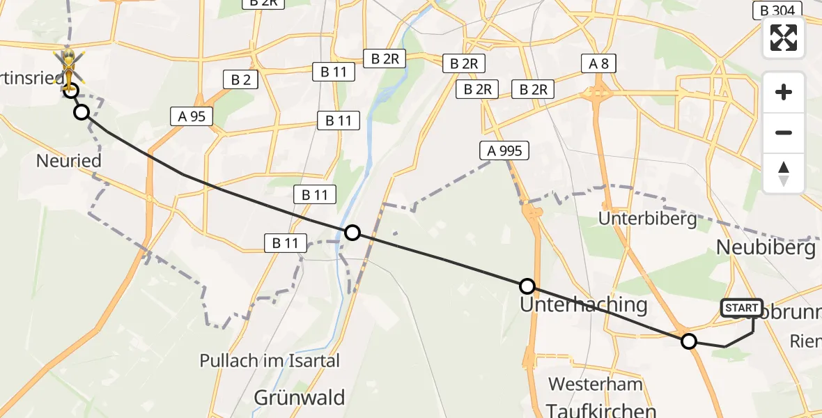 Flugroute Rettungshubschrauber Ottobrunn - DRF Air Rescue München Hubschrauberlandeplatz, 08 Mai 2026, 17:15