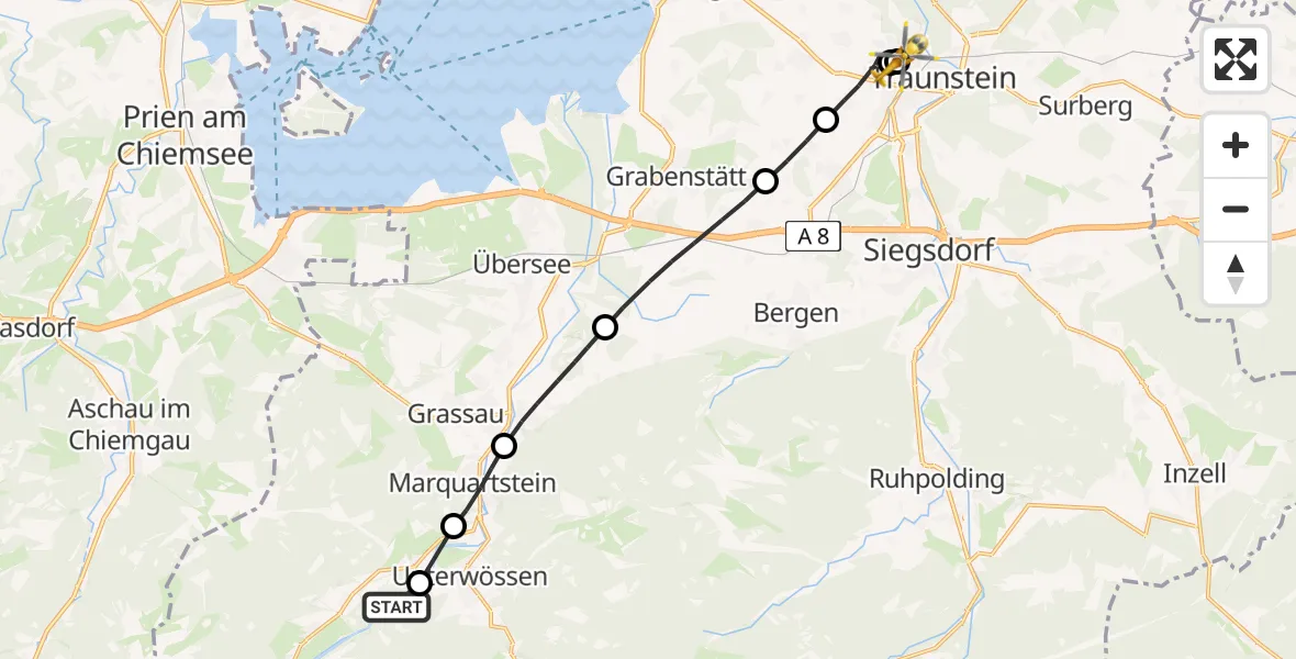 Flugroute Rettungshubschrauber Unterwössen - Traunstein Hospital, 08 Mai 2026, 17:20