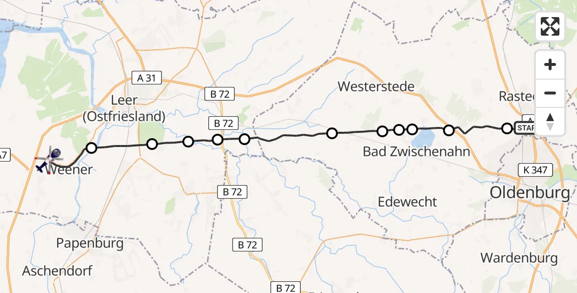Flugroute Polizeihubschrauber Rastede - Weener, 08 Mai 2026, 17:28