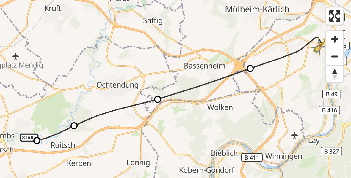 Flugroute Rettungshubschrauber Welling - Koblenz, 08 Mai 2026, 17:33