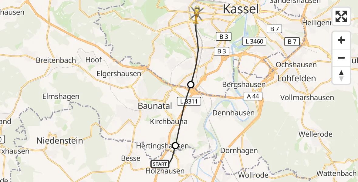 Flugroute Rettungshubschrauber Edermünde - Kassel, 08 Mai 2026, 17:34