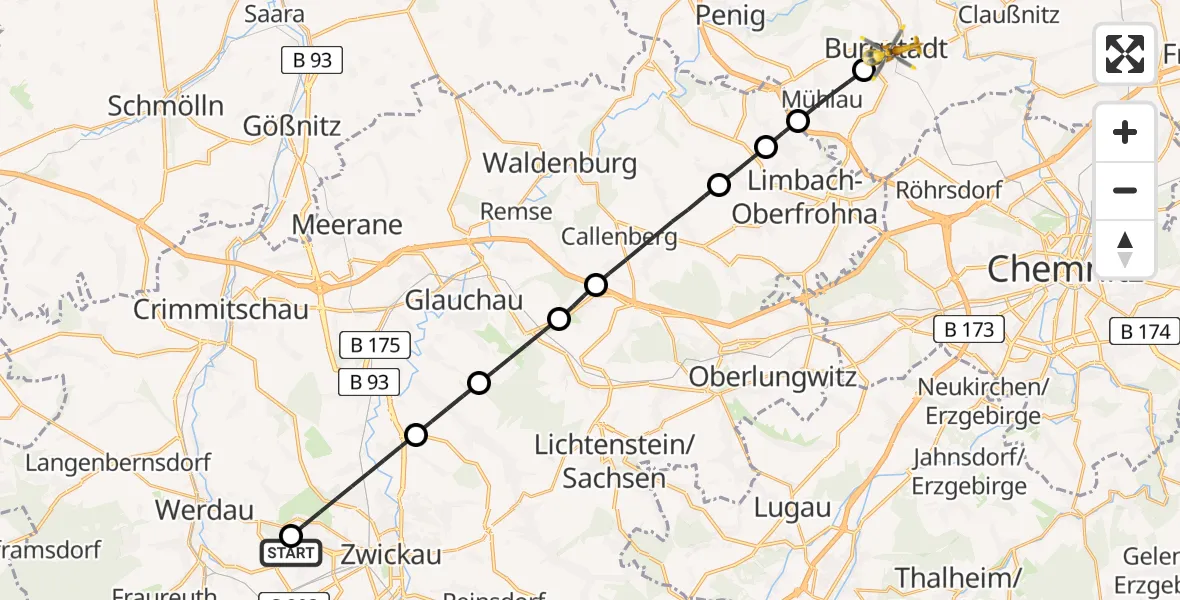Flugroute Rettungshubschrauber ADAC Air Rescue Station Zwickau Hubschrauberlandeplatz - Burgstädt, 08 Mai 2026, 17:36