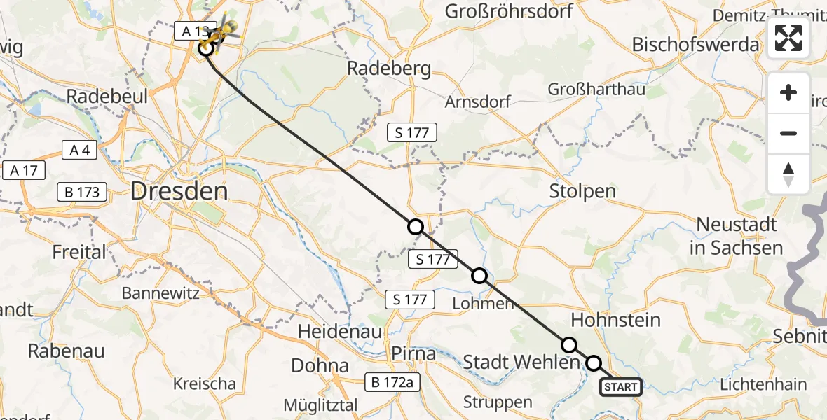 Flugroute Rettungshubschrauber Bad Schandau - Dresden Bundespolizei Hubschrauberlandeplatz, 08 Mai 2026, 17:42