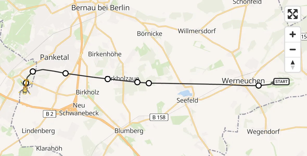 Flugroute Rettungshubschrauber Werneuchen Flugplatz - Helios Clinic Berlin-Buch, 08 Mai 2026, 17:44