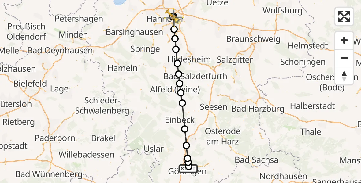 Flugroute Rettungshubschrauber Göttingen University Clinic Hubschrauberlandeplatz - Hannover Luftrettung Hubschrauberlandeplatz (Christoph 4), 08 Mai 2026, 17:49