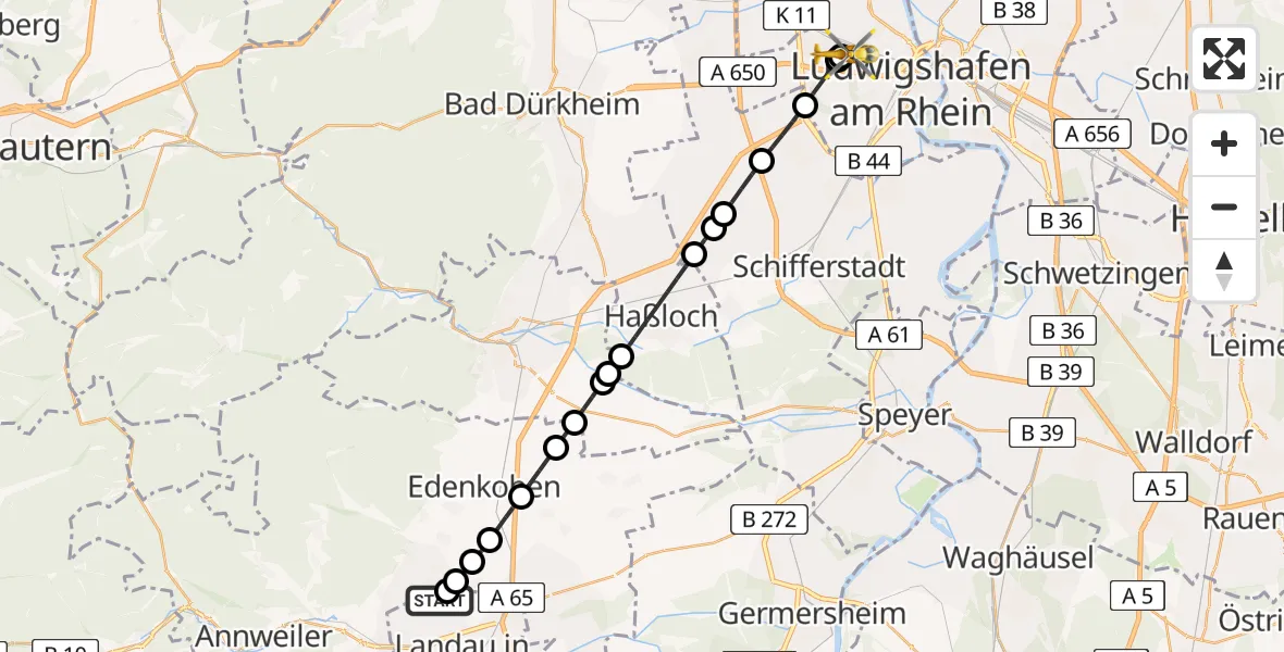Flugroute Rettungshubschrauber Landau in der Pfalz - Ludwigshafen Accident Hospital, 08 Mai 2026, 18:01