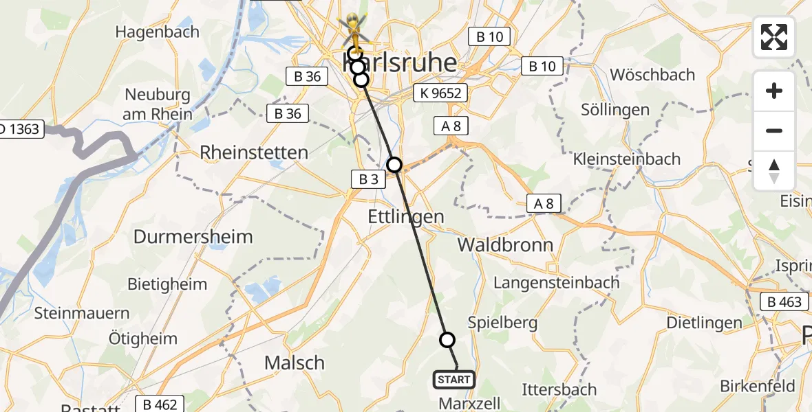 Flugroute Rettungshubschrauber Marxzell - Karlsruhe, 08 Mai 2026, 18:02