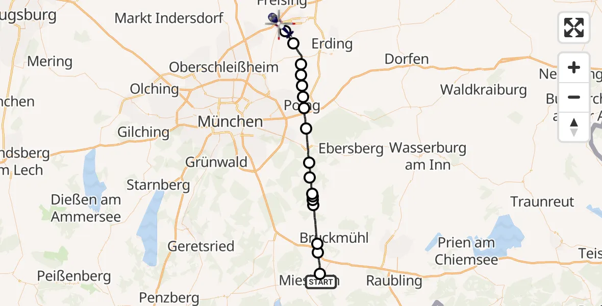 Flugroute Polizeihubschrauber Miesbach - Hallbergmoos, 08 Mai 2026, 18:02