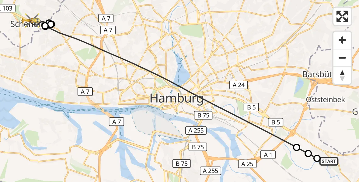 Flugroute Ambulanzhubschrauber Christoph Hansa ADAC Hubschrauberlandeplatz - Schenefeld, 08 Mai 2026, 18:06