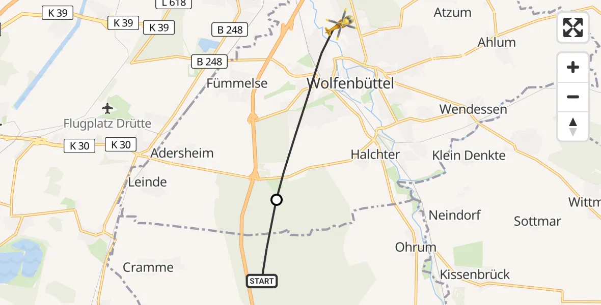 Flugroute Rettungshubschrauber Cramme - Wolfenbüttel Municipal Hospital Hubschrauberlandeplatz (Christoph 30), 08 Mai 2026, 18:11