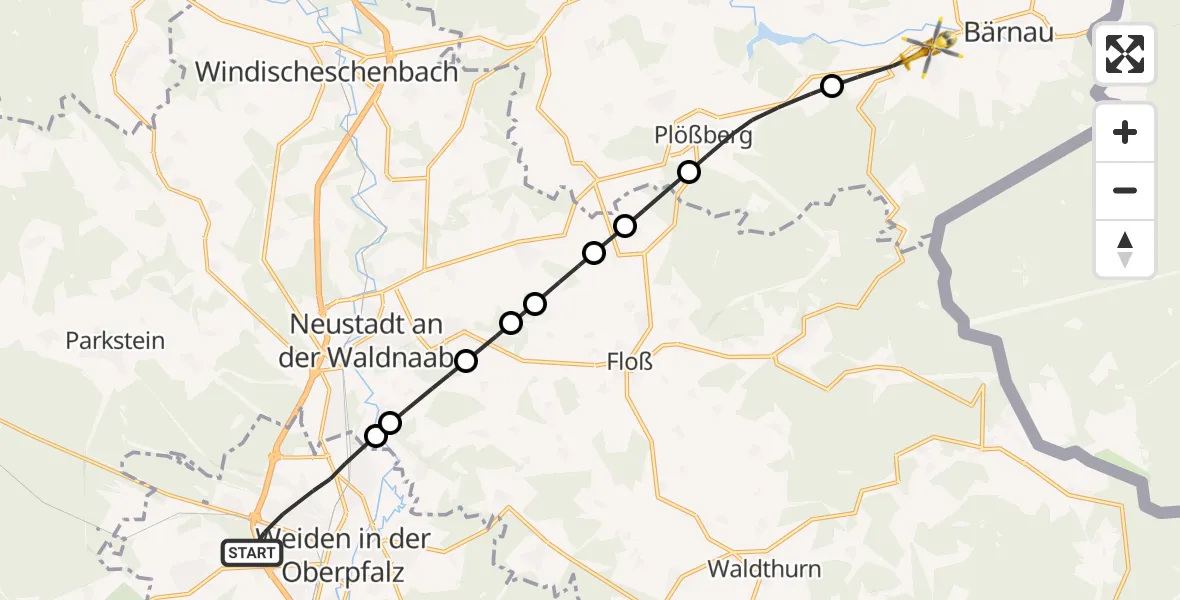 Flugroute Rettungshubschrauber Weiden i.d.OPf. - Bärnau, 08 Mai 2026, 18:16