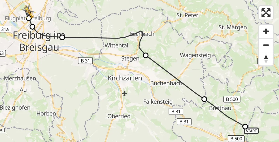 Flugroute Rettungshubschrauber Titisee-Neustadt - Freiburg im Breisgau Flugplatz, 08 Mai 2026, 18:24