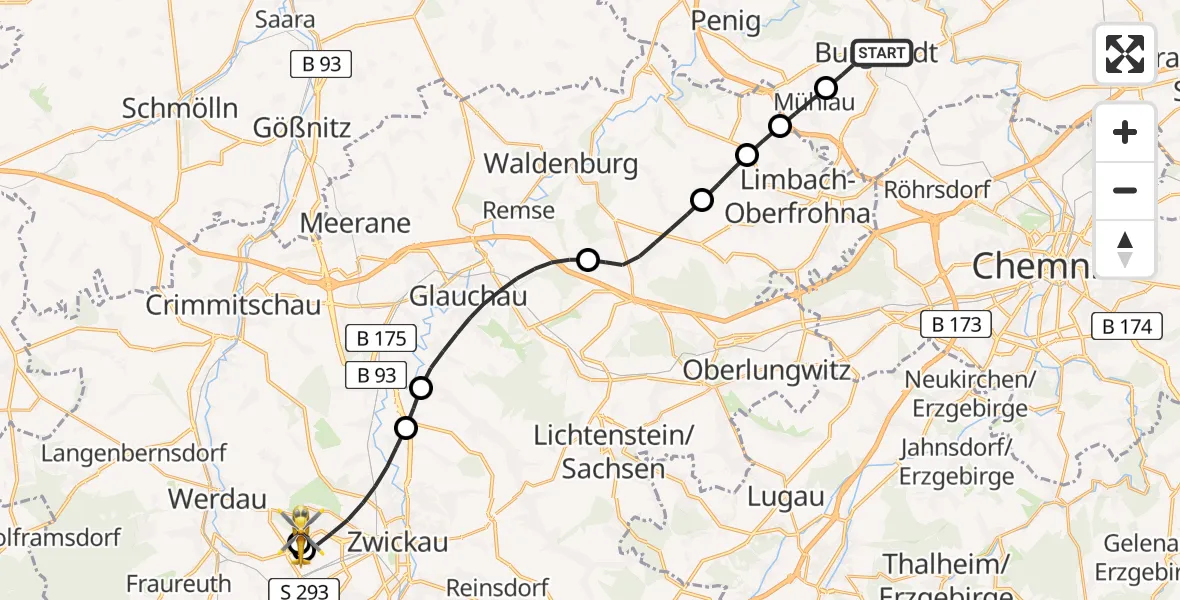Flugroute Rettungshubschrauber Burgstädt - ADAC Air Rescue Station Zwickau Hubschrauberlandeplatz, 08 Mai 2026, 18:33