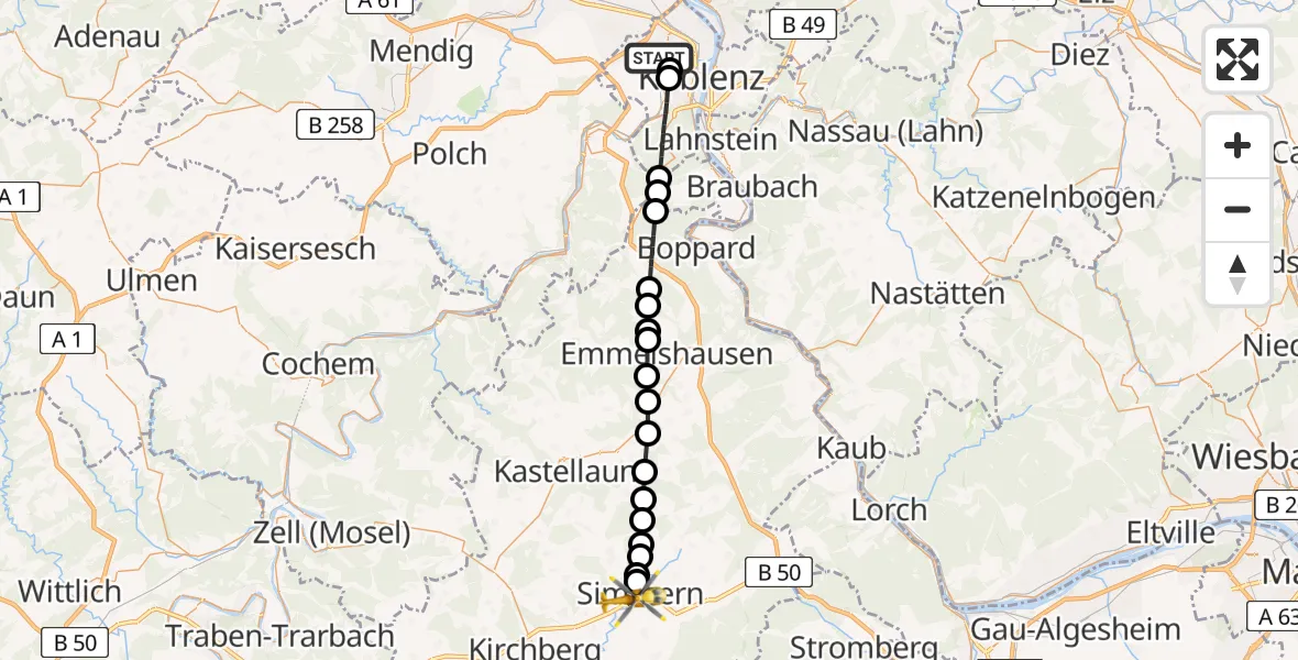 Flugroute Rettungshubschrauber Koblenz - Simmern/Hunsrück, 08 Mai 2026, 18:34