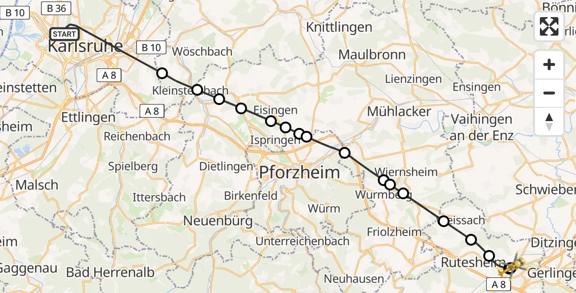 Flugroute Rettungshubschrauber Karlsruhe - Leonberg Hospital, 08 Mai 2026, 18:39