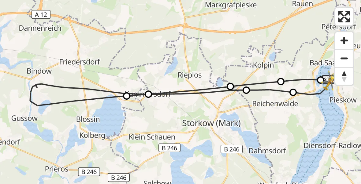 Flugroute Rettungshubschrauber Bad Saarow Hospital - Bad Saarow, 08 Mai 2026, 18:45