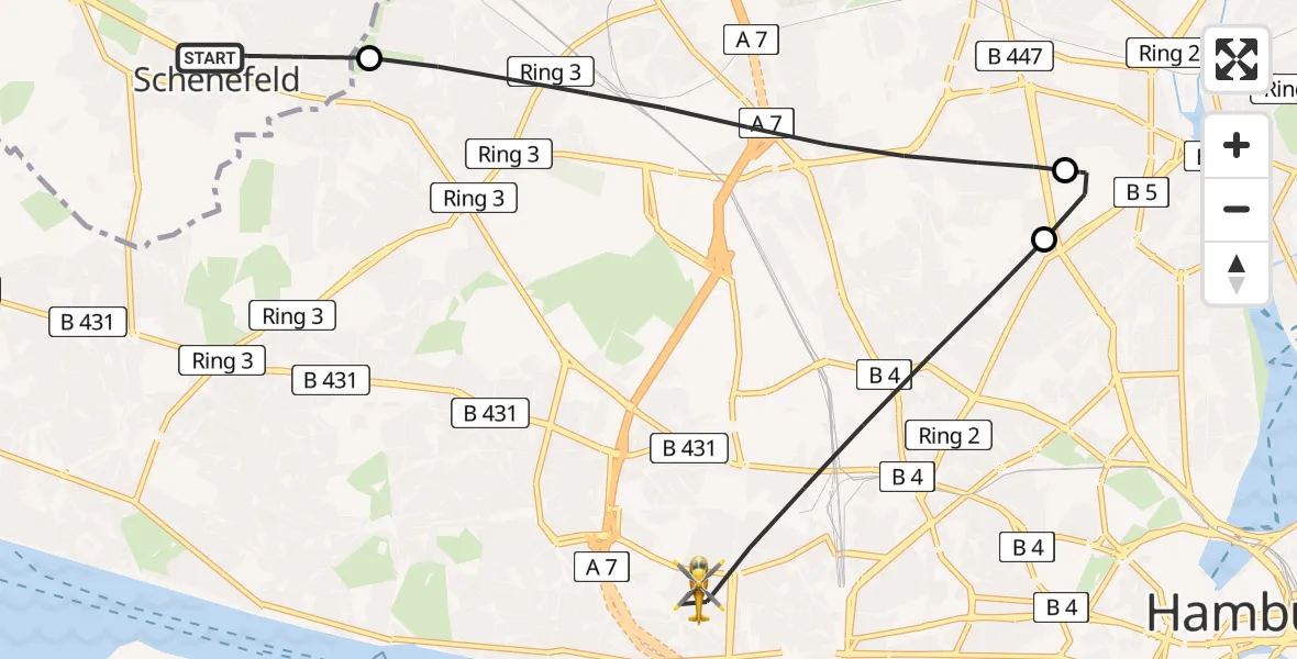 Flugroute Ambulanzhubschrauber Schenefeld - Hamburg, 08 Mai 2026, 18:48