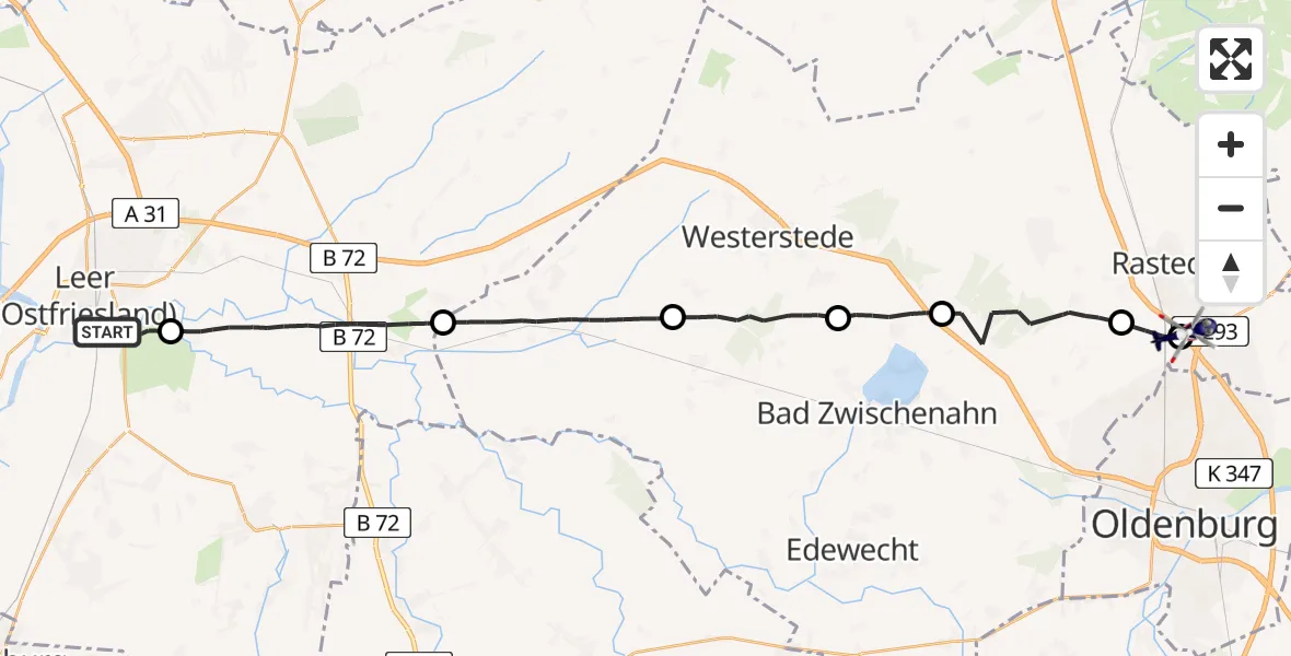 Flugroute Polizeihubschrauber Leer (Ostfriesland) - Oldenburg Police Hubschrauberlandeplatz, 08 Mai 2026, 18:48