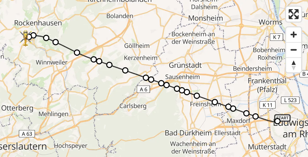Flugroute Rettungshubschrauber Ludwigshafen Accident Hospital - Imsweiler UL, 08 Mai 2026, 18:50