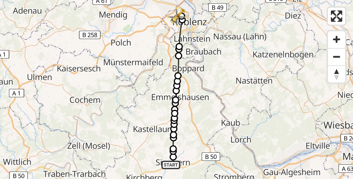Flugroute Rettungshubschrauber Simmern/Hunsrück - Koblenz, 08 Mai 2026, 18:54