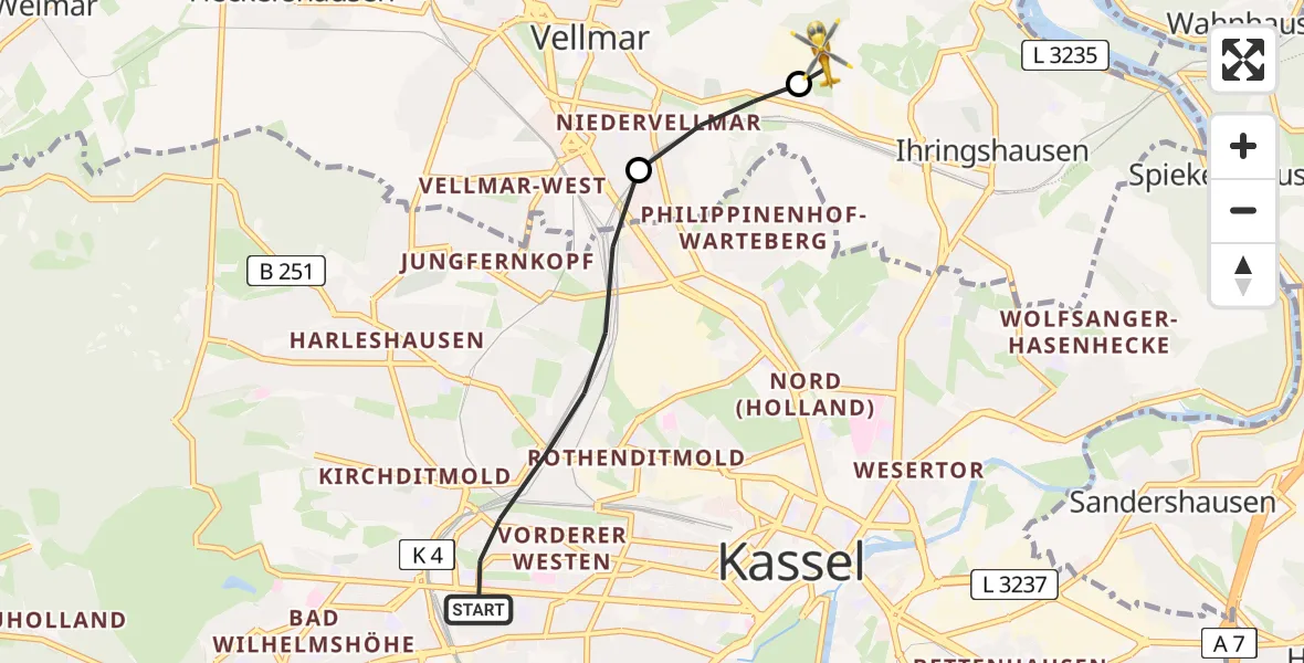 Flugroute Rettungshubschrauber Kassel - Fuldatal Bundespolizei Hubschrauberlandeplatz, 08 Mai 2026, 19:07