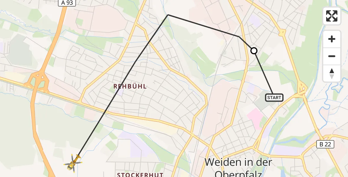 Flugroute Rettungshubschrauber Weiden Hospital - Weiden i.d.OPf., 08 Mai 2026, 19:09