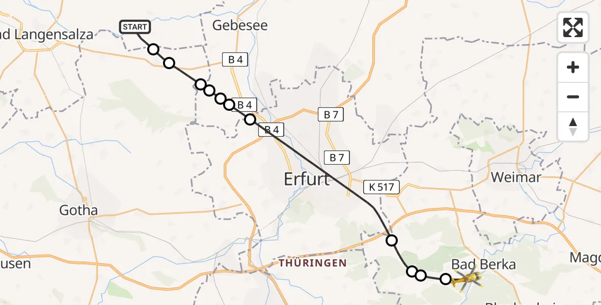 Flugroute Ambulanzhubschrauber Großvargula - Bad Berka, 08 Mai 2026, 19:23